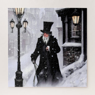 Miserly Ebenezer Scrooge Snowy Victorian Street