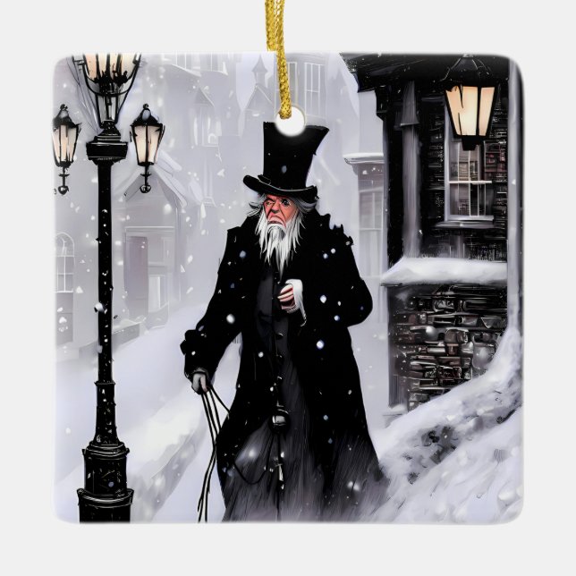 Miserly Ebenezer Scrooge Snowy Viktorianisch Stree Keramikornament (Vorderseite)