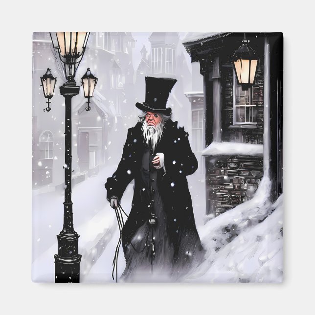 Miserly Ebenezer Scrooge Snowy Viktorianisch Stree Magnet (Vorne)