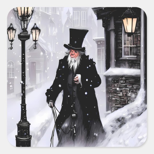 Miserly Ebenezer Scrooge Snowy Viktorianisch Stree Quadratischer Aufkleber (Vorderseite)