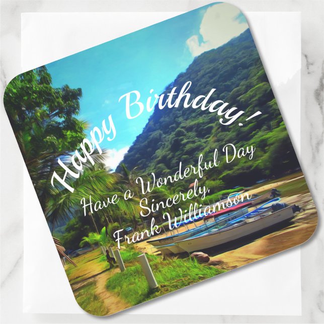 Mismaloya Boats on The River Birthday 0350 Quadratischer Aufkleber (Von Creator hochgeladen)