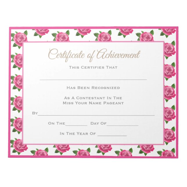 Miss America style Pageant Certificates - Rose Notizblock (Vorderseite)