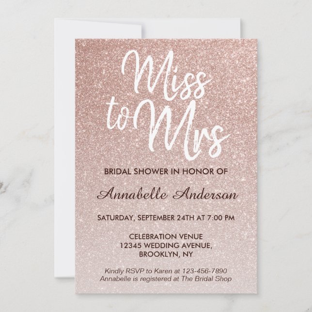 Miss an Mrs. Pink Rose Gold Glitzer Brautparty Einladung (Vorderseite)