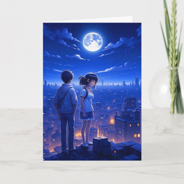 Miss dich | Anime Couple unter dem Mond Karte (Vorderseite)