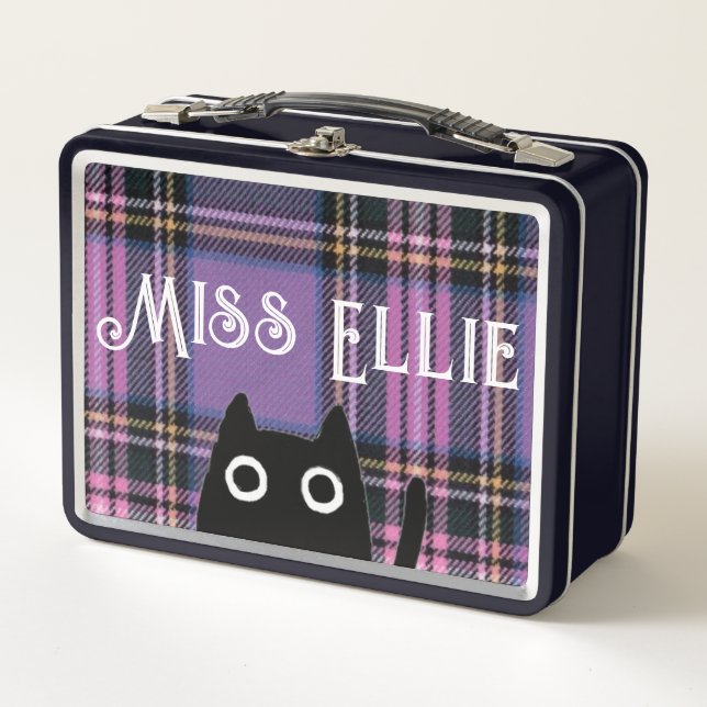 Miss Ellie und Katze Lila Kariert/Schwarz-Lunchbox Metall Brotdose (Vorderseite)