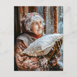 Miss Holle schüttelt Schnee vom Himmel Postkarte