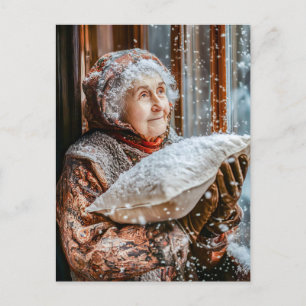 Miss Holle schüttelt Schnee vom Himmel Postkarte