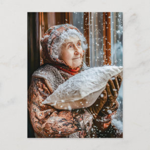 Miss Holle schüttelt Schnee vom Himmel Postkarte
