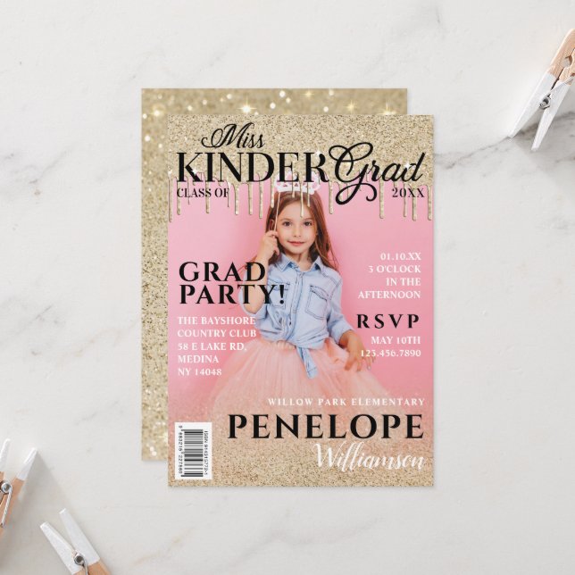 Miss Kinder Grad Gold Glitzer Tropfen Magazine Cov Einladung (Vorderseite/Rückseite Beispiel)