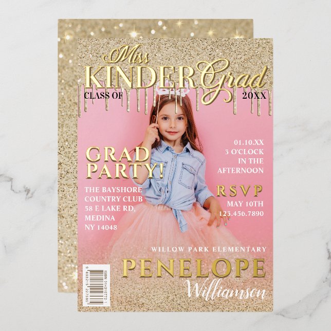 Miss Kinder Grad Gold Glitzer Tropfen Magazine Cov Folieneinladung (Vorderseite/Rückseite)