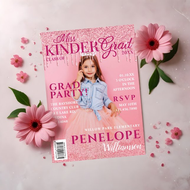 Miss Kinder Grad Pink Glitzer Tropfen Magazine Cov Einladung (Miss Kinder Grad Pink Glitter Drip Magazine Cover Invitation)