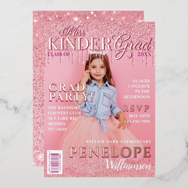 Miss Kinder Grad Pink Glitzer Tropfen Magazine Cov Folieneinladung (Vorderseite/Rückseite)