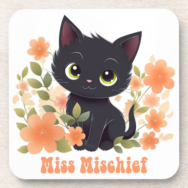 Miss Mischief Black Kitten Kawaii Chibi Getränkeuntersetzer (Vorderseite)