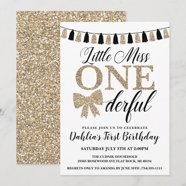 Miss Onederful Birthday Einladung, Schwarz und Gol Einladung (Vorne/Hinten)