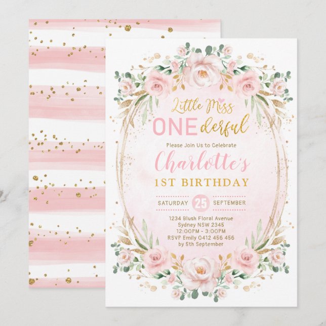 Miss ONEderful Blush Pink Gold Floral 1. Geburtsta Einladung (Vorne/Hinten)