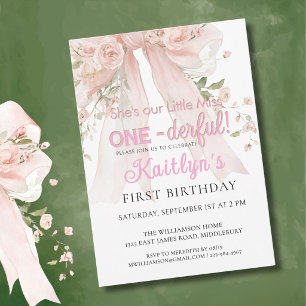 Miss Onederful Girl Pink Schleife Floral 1. Geburt Einladung