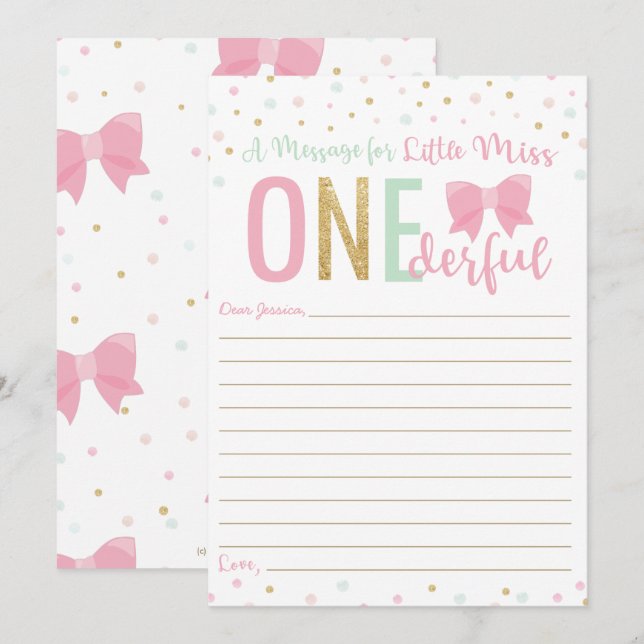 Miss ONEderful Pink Bow Time Capsule Message Card Einladung (Vorne/Hinten)
