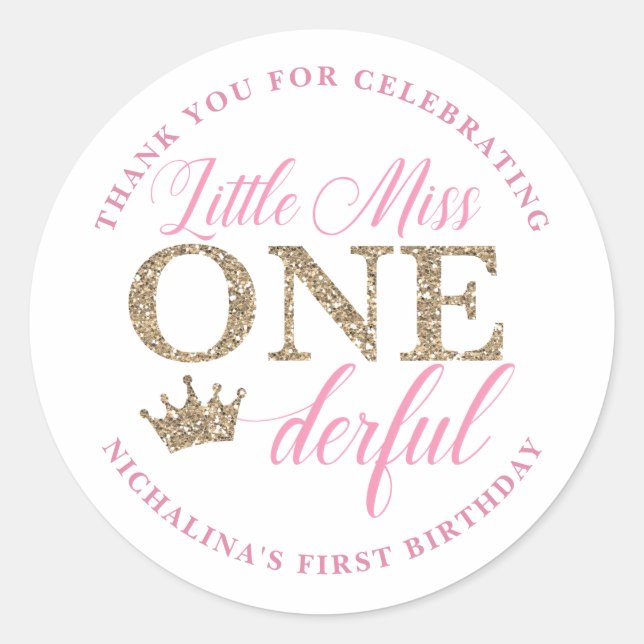 Miss Onederful Stickers, Pink und Gold Crown Runder Aufkleber (Vorderseite)