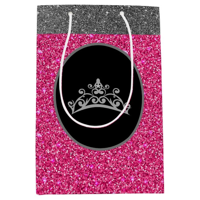 Miss Pageant Tiara Crown Pink FX GlitterGift Bag Mittlere Geschenktüte (Vorderseite)