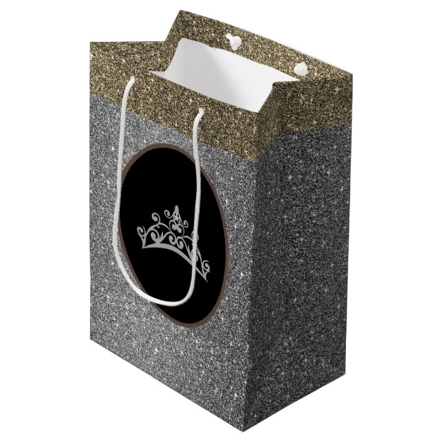 Miss Pageant Tiara Crown Silver FX GlitterGift Bag Mittlere Geschenktüte (Vorderseite Schrägansicht)