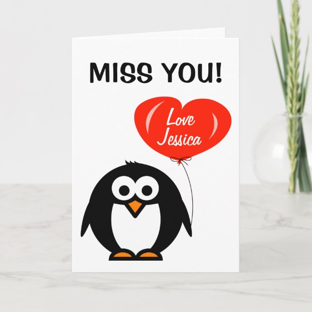 Miss Sie Grußkarte | Pinguin mit rotem Ballon Karte (Vorderseite)