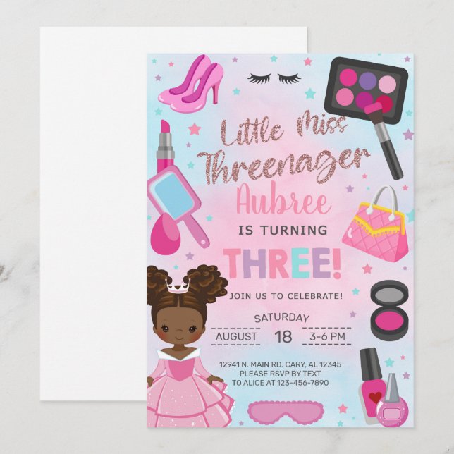 Miss Threenager girl 3rd third birthday invitation (Devant / Derrière)