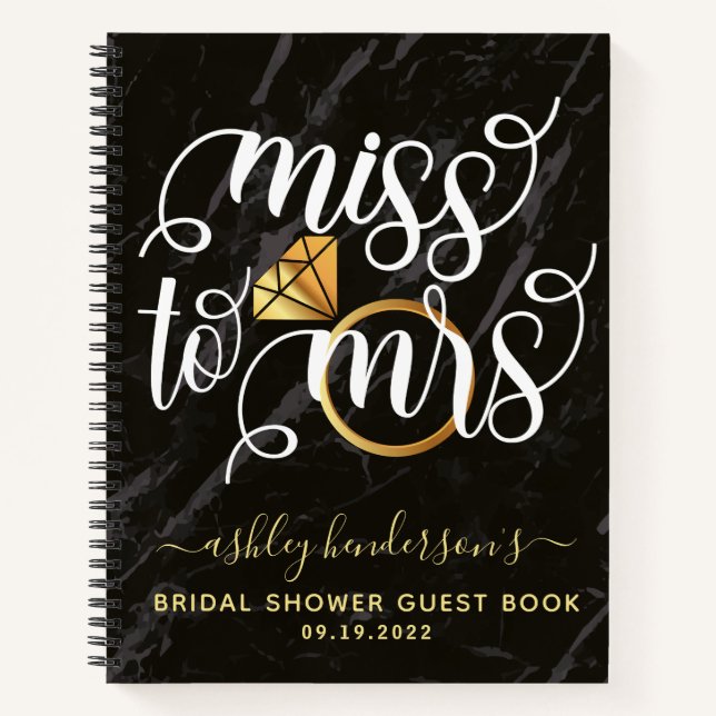 Miss To Mrs Black Marble Brautparty Gästebuch Notizbuch (Vorderseite)
