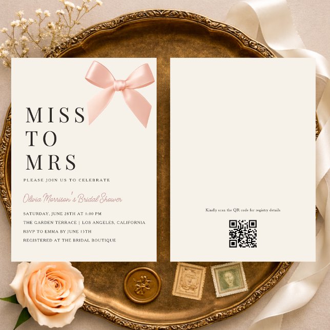Miss to Mrs Blush Pink Bow QR Code Bridal Shower Einladung (Von Creator hochgeladen)