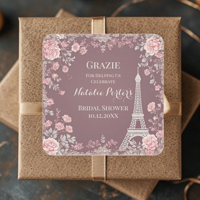 Miss to Mrs Bridal Shower Paris Eiffel Tower Flora Quadratischer Aufkleber (Miss to Mrs Bridal Shower Paris Eiffel Tower Flora Square Sticker)