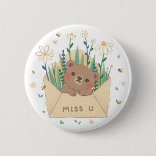MISS U: Teddy Bear & Blume in Umschlag Button