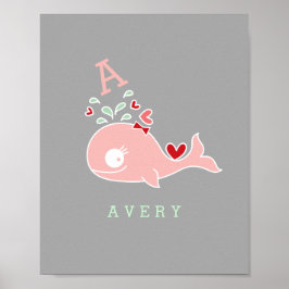 Miss Whale Red Bow Monogram Girl Kinderzimmer Wall Poster