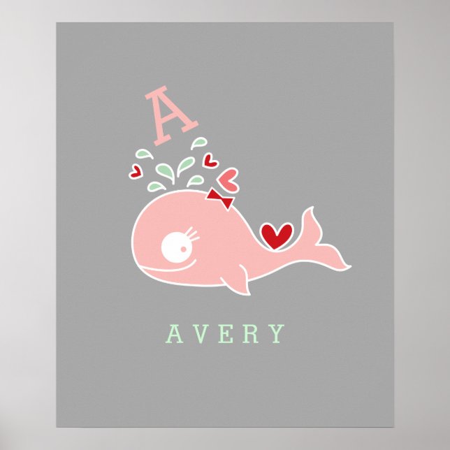 Miss Whale Red Bow Monogram Girl Kinderzimmer Wall Poster (Vorne)