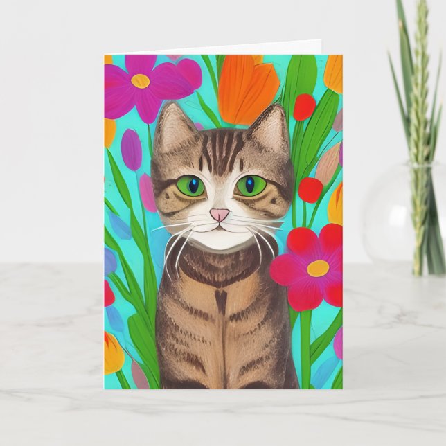 Miss You Niedlich Gray Katze mit farbigen Blume Karte (Vorderseite)