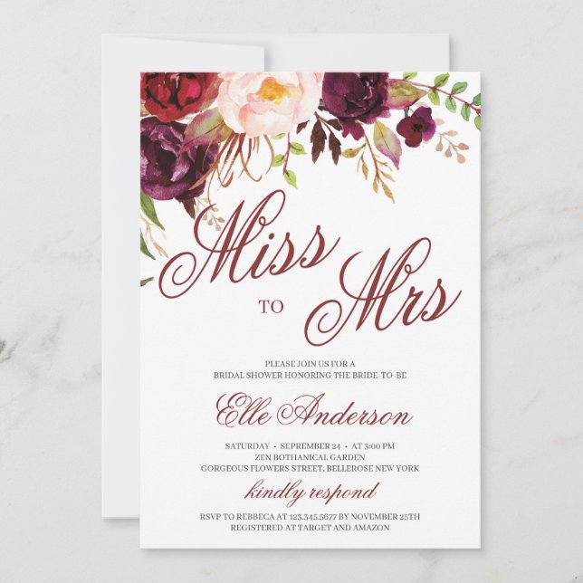 Miss zu Mrs. burgundy floral boho Brautparty Einladung (Vorderseite)