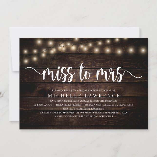 Miss zu Mrs., Rustic Brautparty Celebration Einladung (Vorderseite)