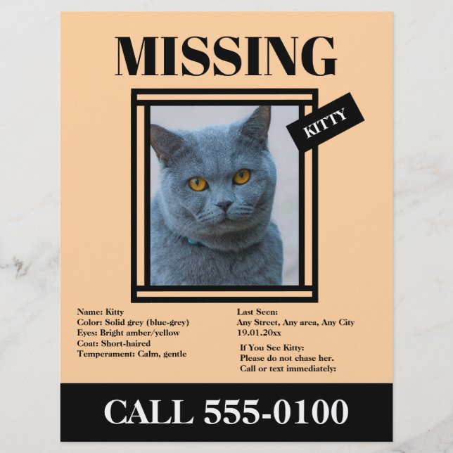 Missing Pet Flyer Custom Photo, Info (Vorne)