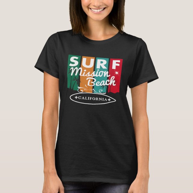 Mission Beach California Surfboard Retro Vin T-Shirt (Vorderseite)