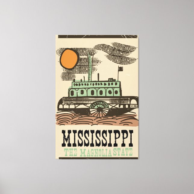 Mississippi Flussschiff Vintage Reiseplakat Leinwanddruck (Vorderseite)