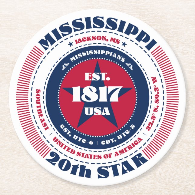 Mississippi Red White Blue Typografie Runder Pappuntersetzer (Vorderseite)