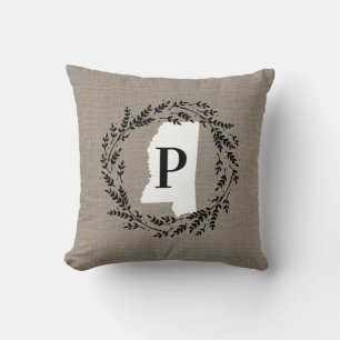 Mississippi Rustic Wreath Monogram Throw Kissen