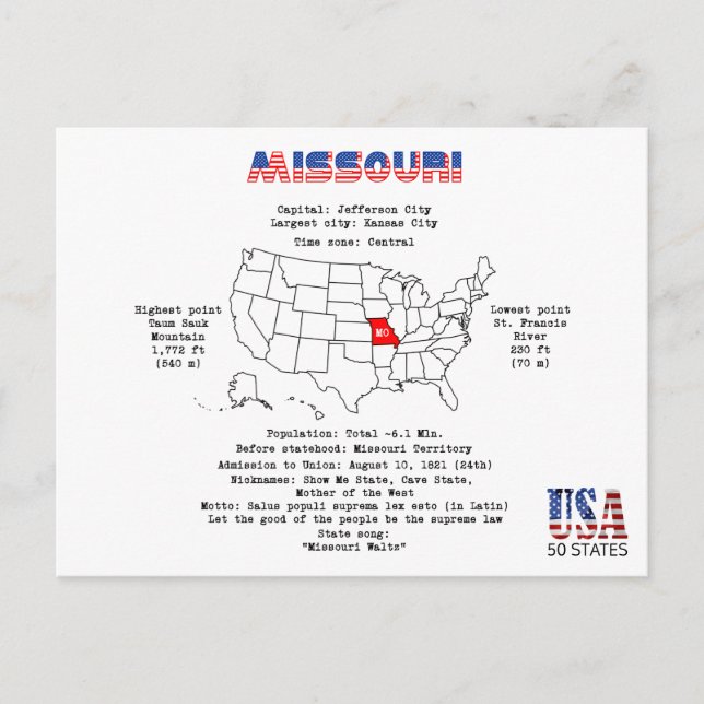 Missouri American Staat auf einer Karte und nützli (Vorderseite)