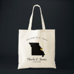 Missouri Map Wedding Welcome Bag Tasche Black & Go<br><div class="desc">Hochzeitswochenende Begrüßungsgeschenktasche für Gäste aus der Stadt,  um Ihre Hochzeit zu feiern,  mit dem Bild von Missouri,  mit goldenem Herzen. Fülle die Tasche mit deinen Lieblingsgoodies.</div>