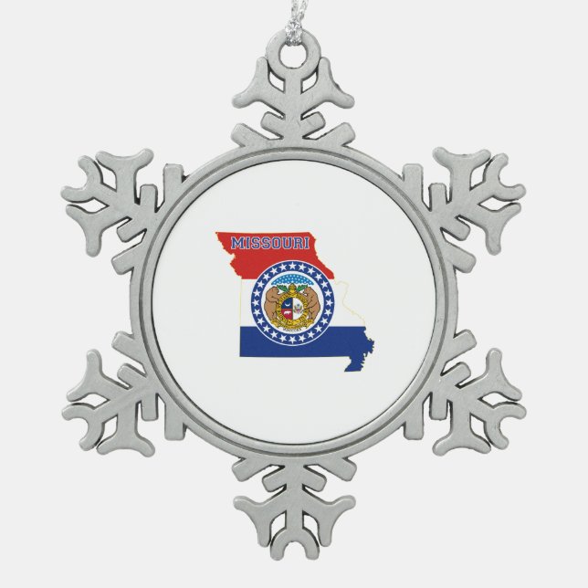 Missouri-Staats-Flagge und Karte Schneeflocken Zinn-Ornament (Vorderseite)