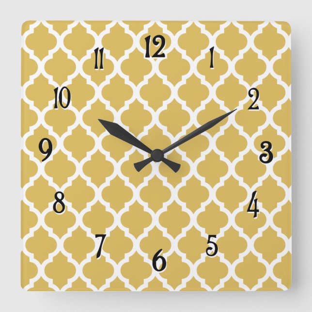 Misted Yellow Moroccan Tile Trellis Quadratische Wanduhr (Vorderseite)