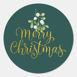 Mistelzweig Elegant Schrift Gold Frohe Weihnachten Runder Aufkleber