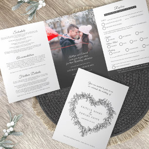 Mistelzweig Holzkohle weiße Hochzeitsmahlzeit Opti Dreifach Gefaltete Einladung