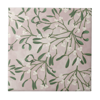 Mistelzweig mit weicher rosa Wasserfarbe-Waschflie Fliese