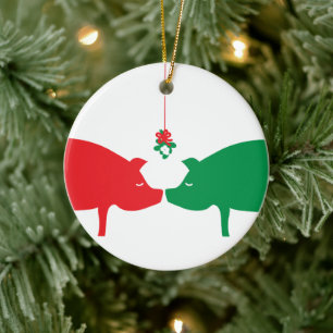 Mistelzweig-Schweine-Ornament Keramik Ornament