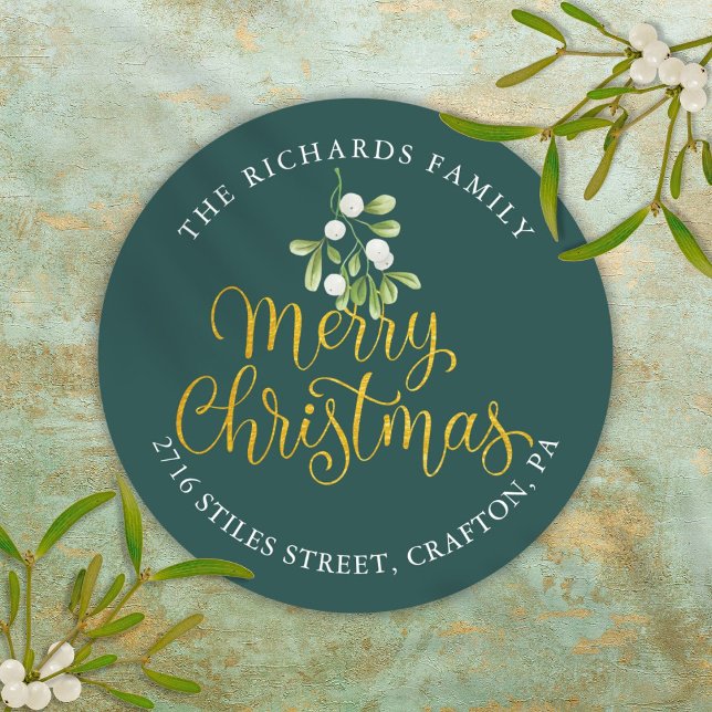 Mistletoe Gold Frohe Weihnachts-Rücksendeadresse Runder Aufkleber (Mistletoe Gold Merry Christmas Return Address Classic Round Sticker)