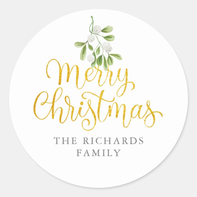 Mistletoe Gold Script Frohe Weihnachtsfamilie Name Runder Aufkleber (Vorderseite)
